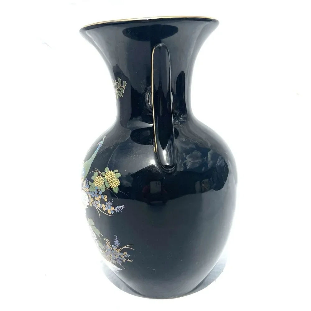 Japanese Double Handled Black Vase/Urn w/ Peacock/Cherry Blossoms 10.5